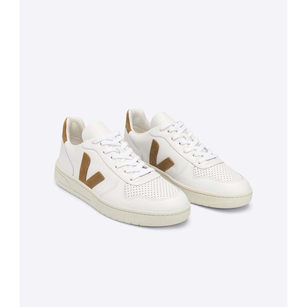 Men's Veja V-10 LEATHER Sneakers White/Brown | ZA 329CTV